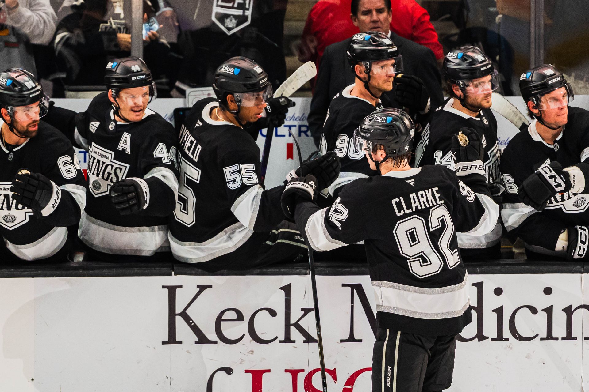 Brandt Clark Celebrates a Goal Against Edmonton