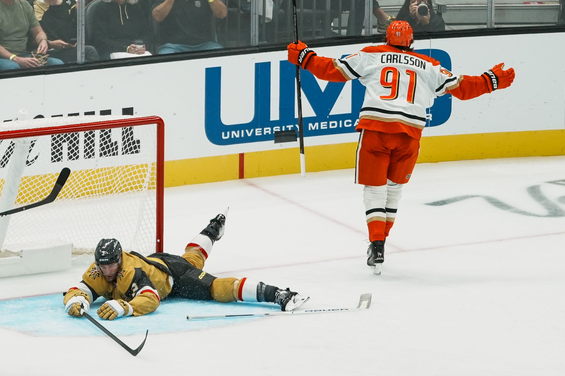 Goalie Carter Hart reacts to a goal by Ducks' Leo Carlsson in the second period.