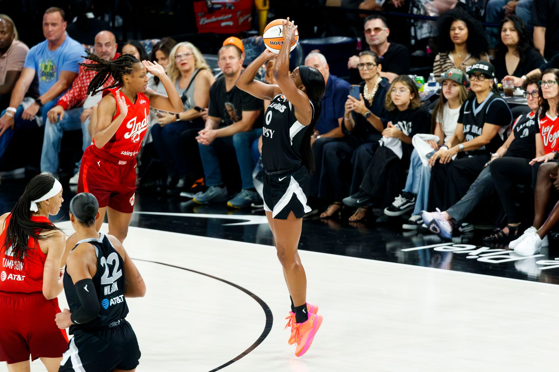 Jackie Young shoots a three-pointer in WNBA Playoff
