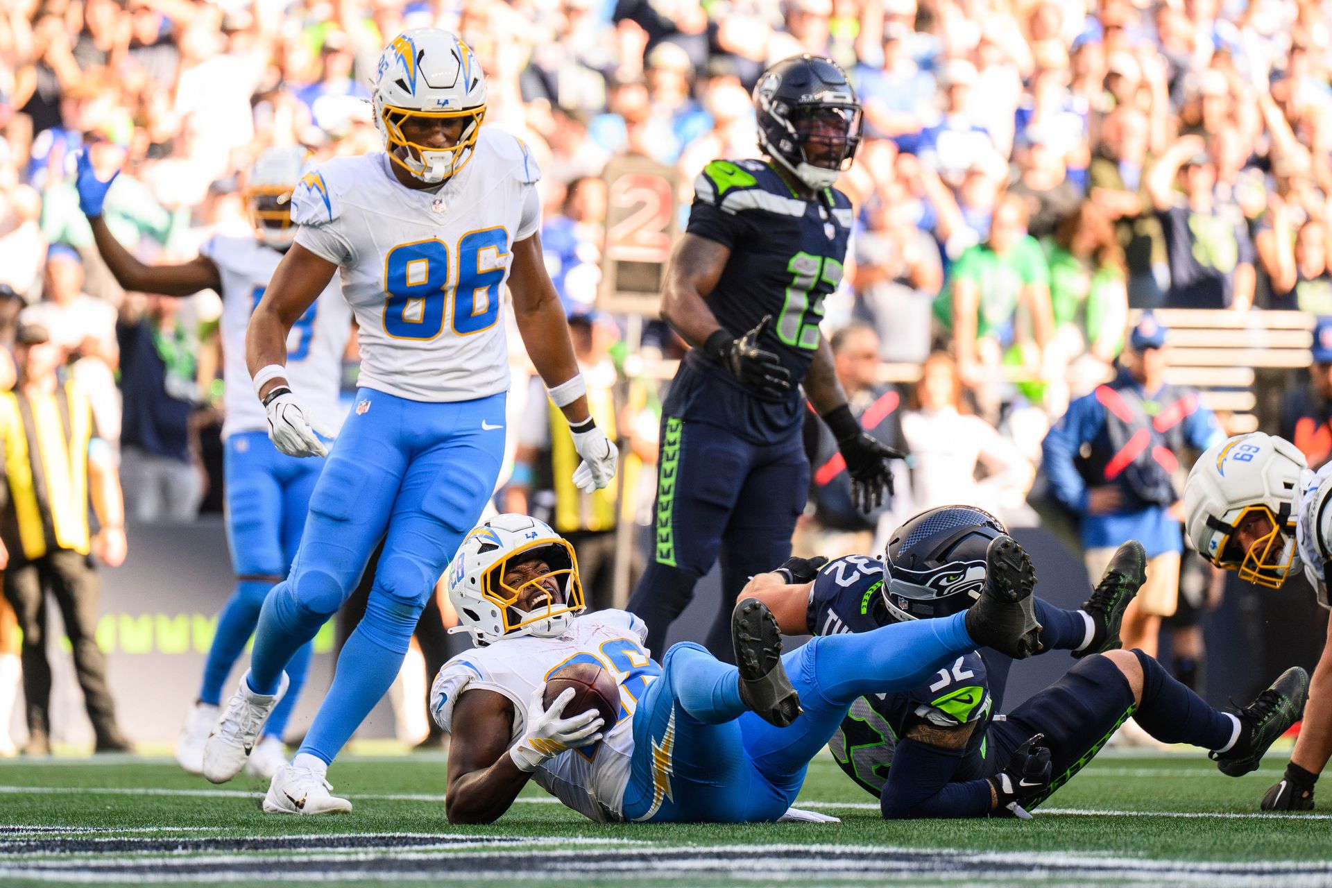 Kimani Vidal scores a touchdown for Chargers against Seahawks