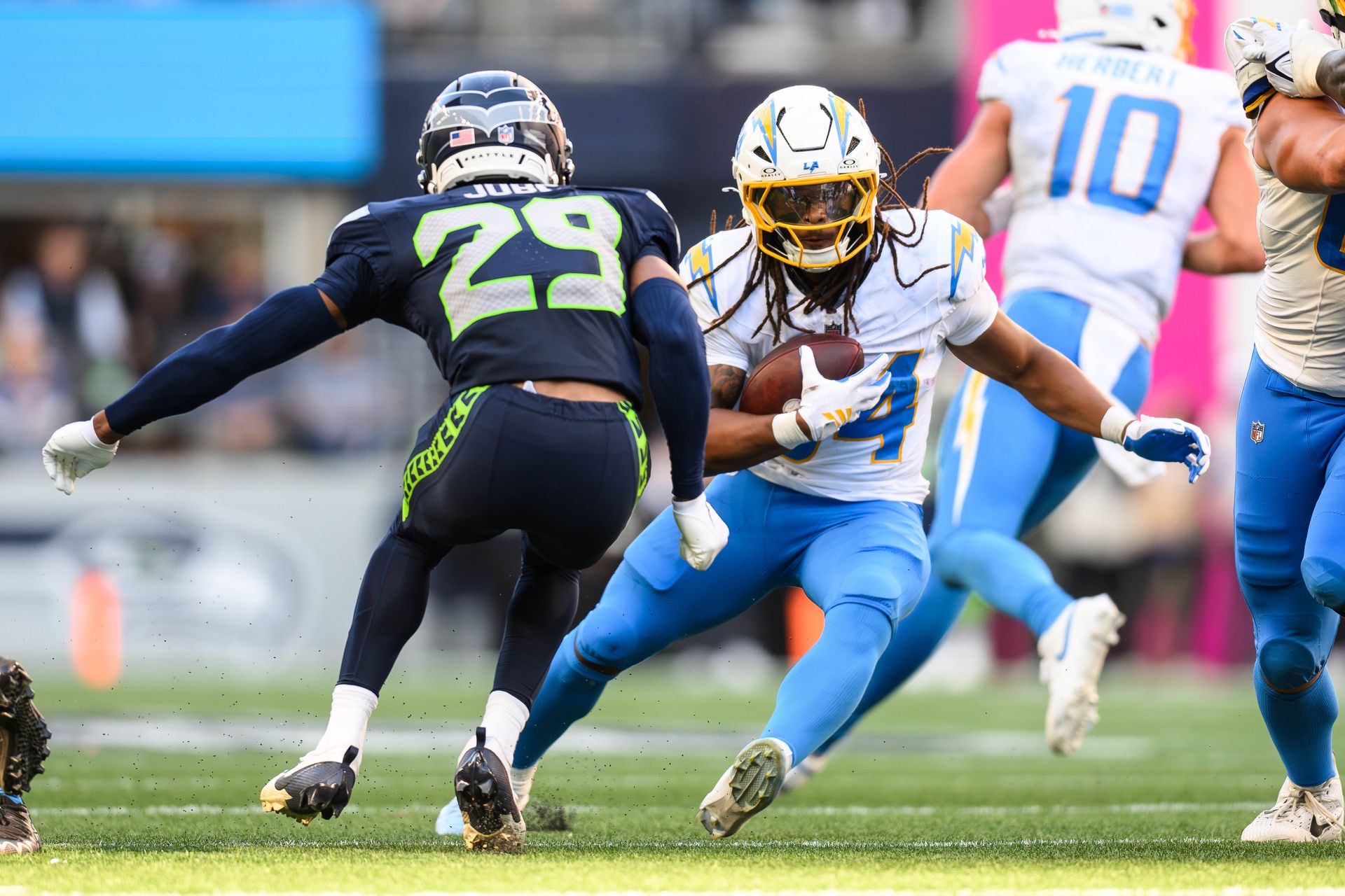 Keaton Mitchell in action during Seahawks vs. Chargers NFL game