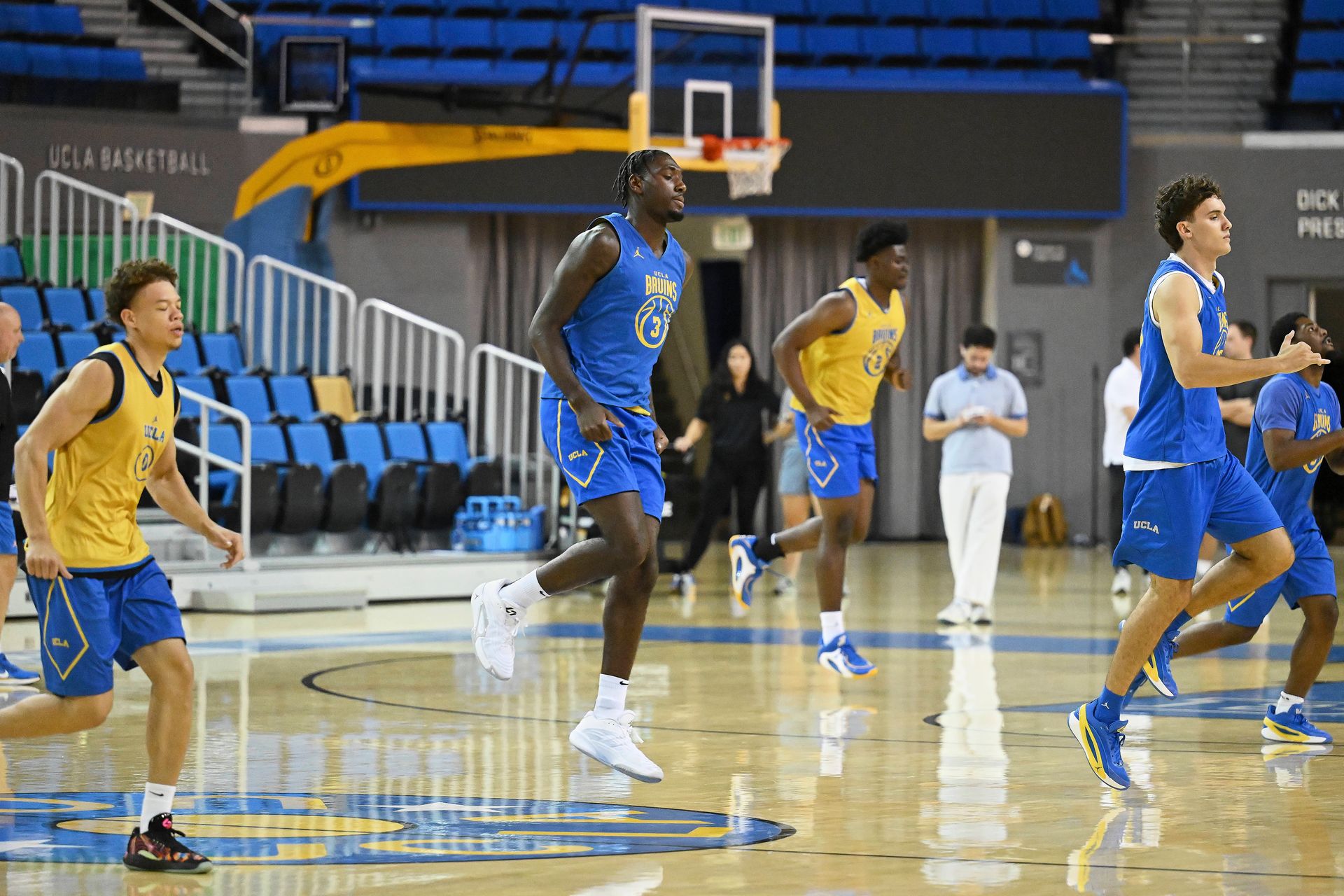 UCLA team practicing at Media Day in Pauley Pavilion