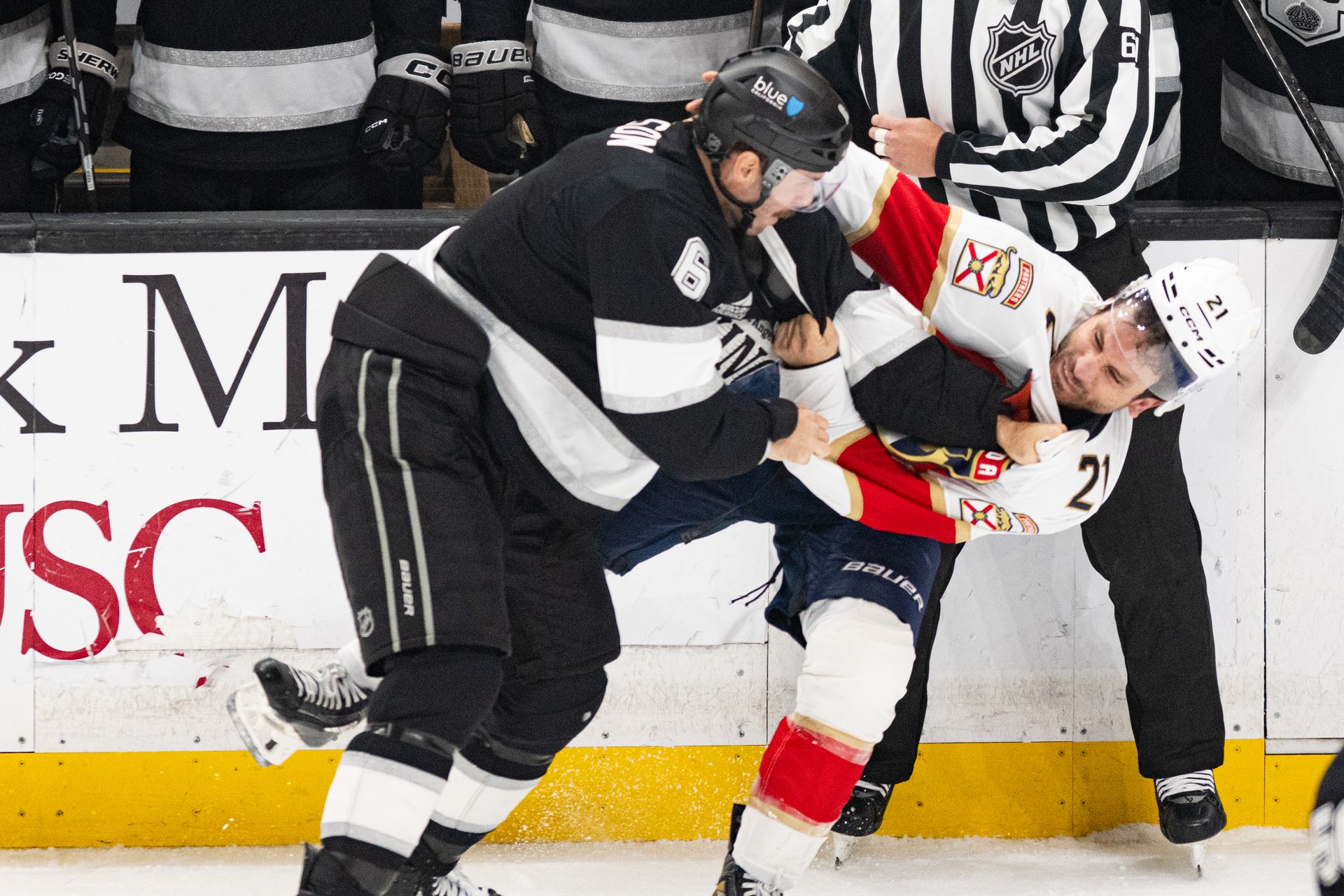 Joel Edmundson and Garnet Hathaway throw punches in NHL game.