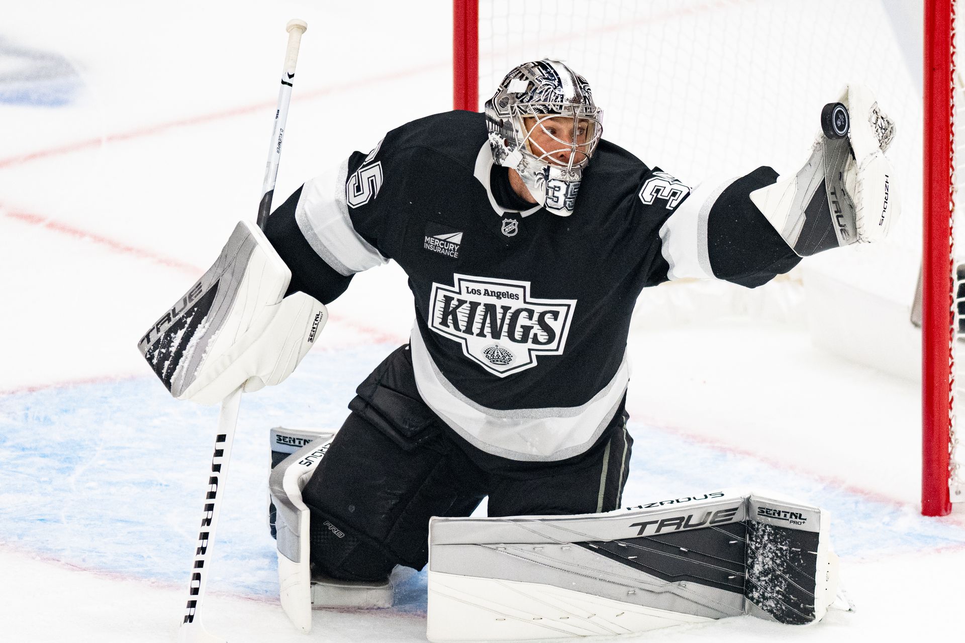 Goalie Darcy Kuemper catches the puck for a save.