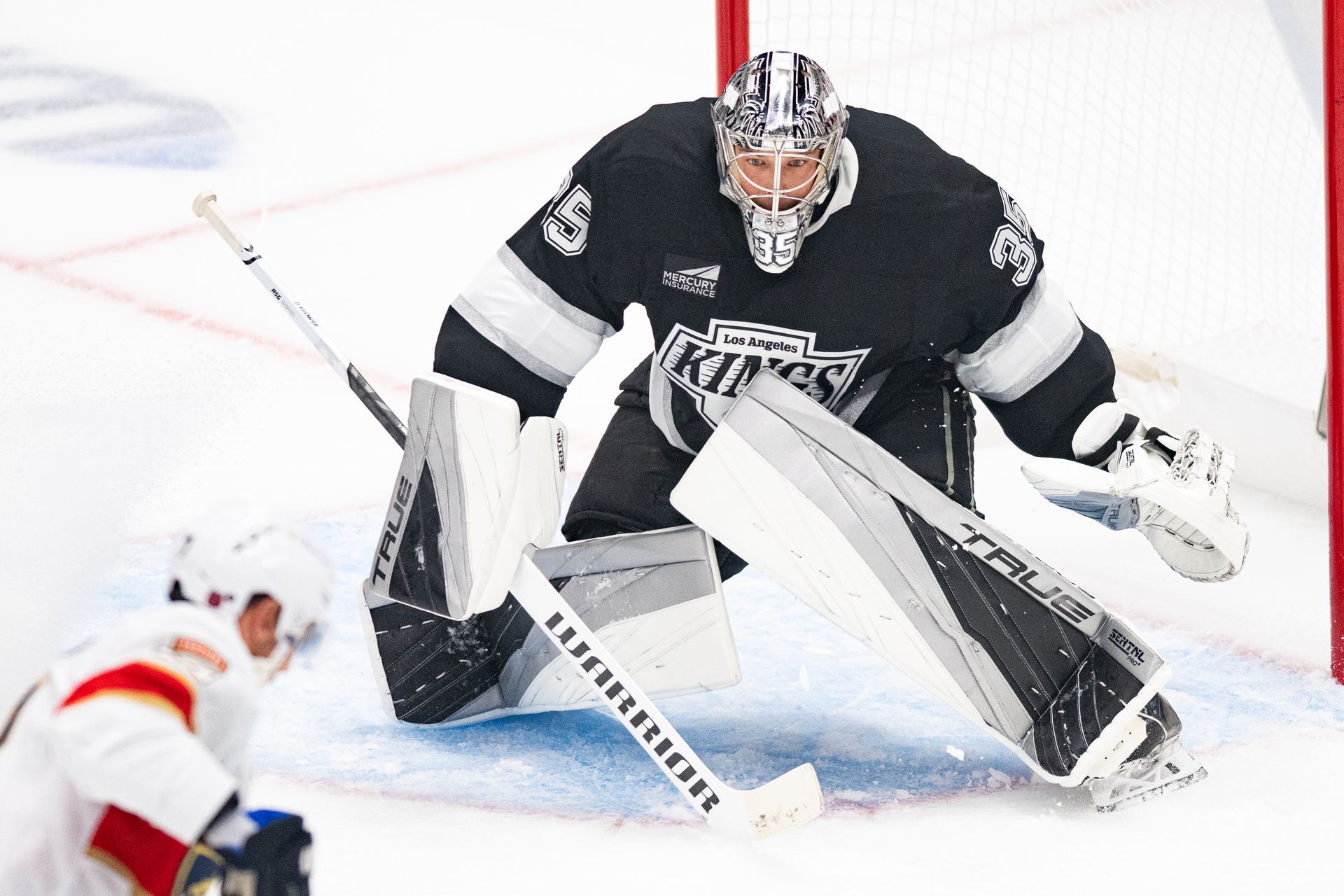 Goalie Darcy Kuemper focused on the play in NHL game.