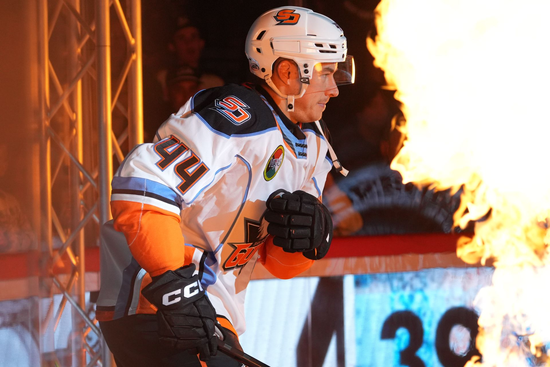 Corey Schueneman enters the rink before the Gulls vs. Knights game.