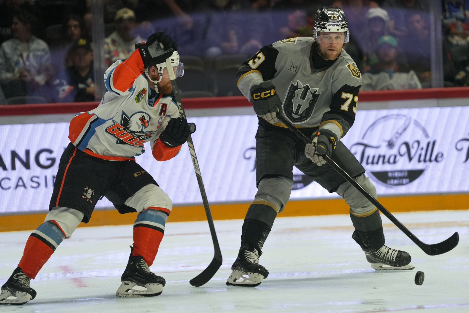 Adam Ginning passes the puck in the match against the Gulls.