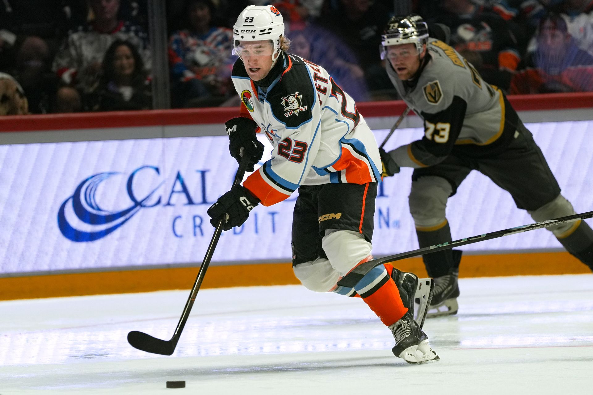 Lucas Pettersson skates past defenders against the Knights.