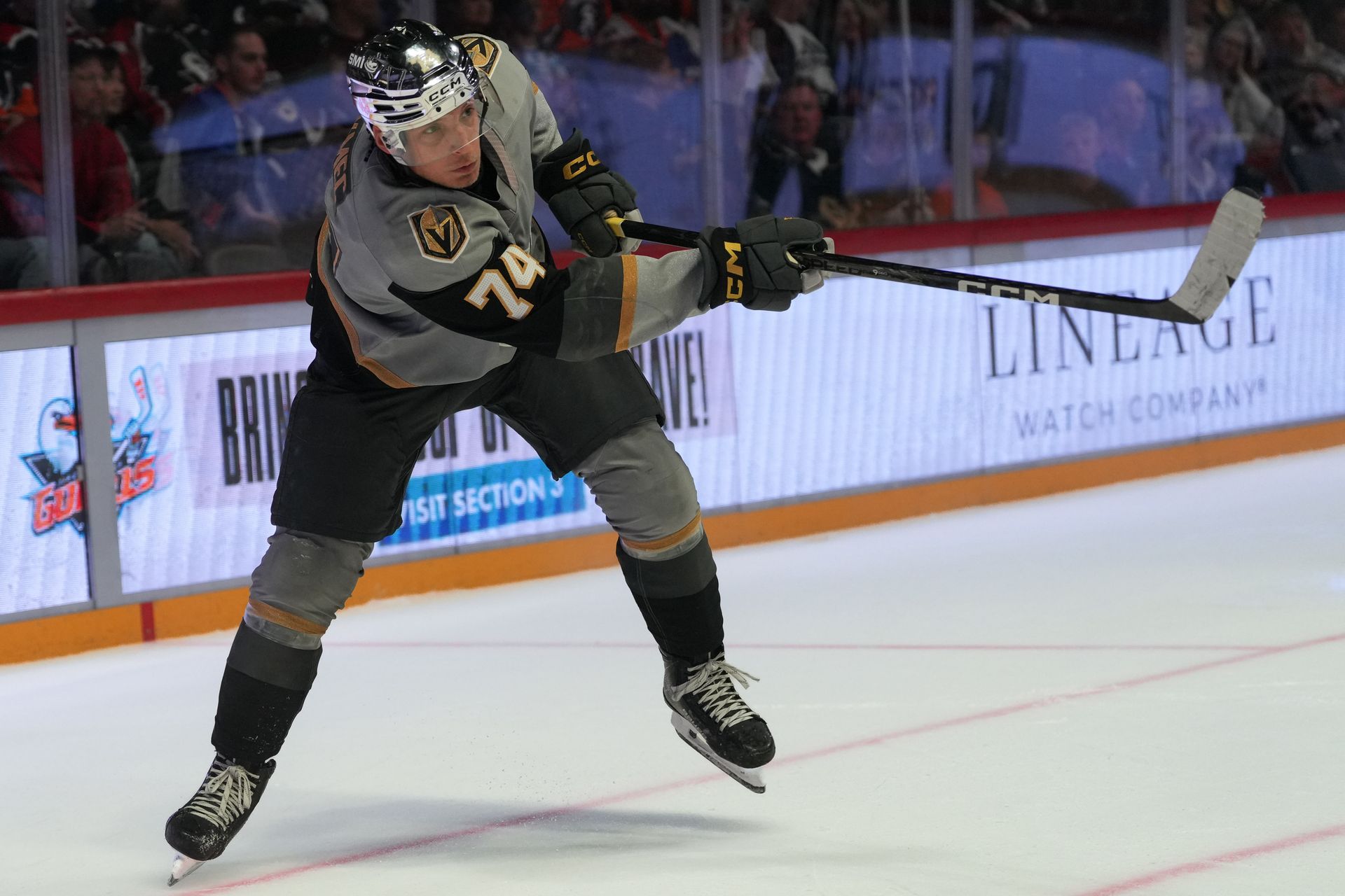 Viliam Kmec passes the puck in the game against the Gulls.