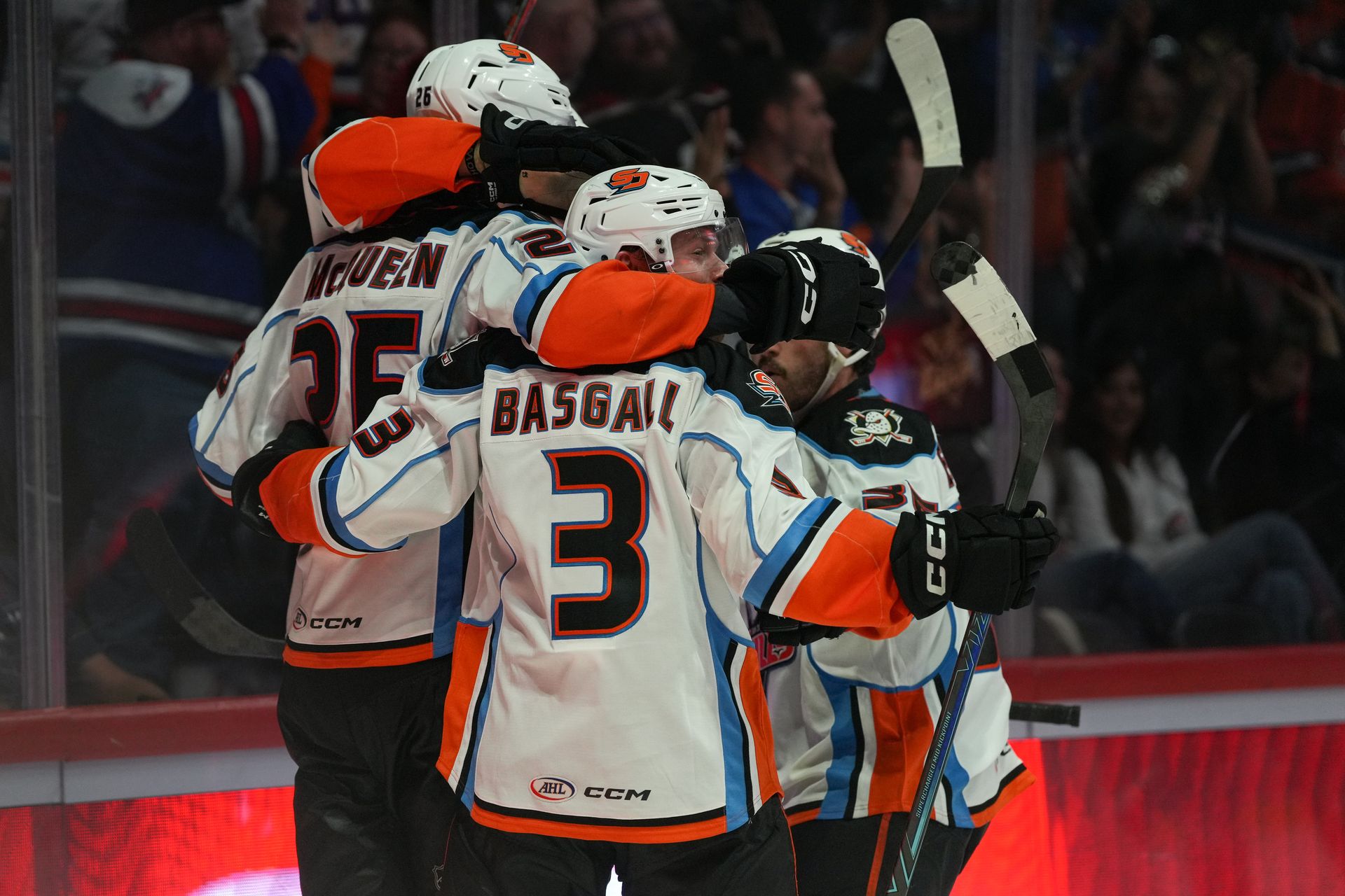 Matt Basgall celebrates a goal with teammates against the Knights.
