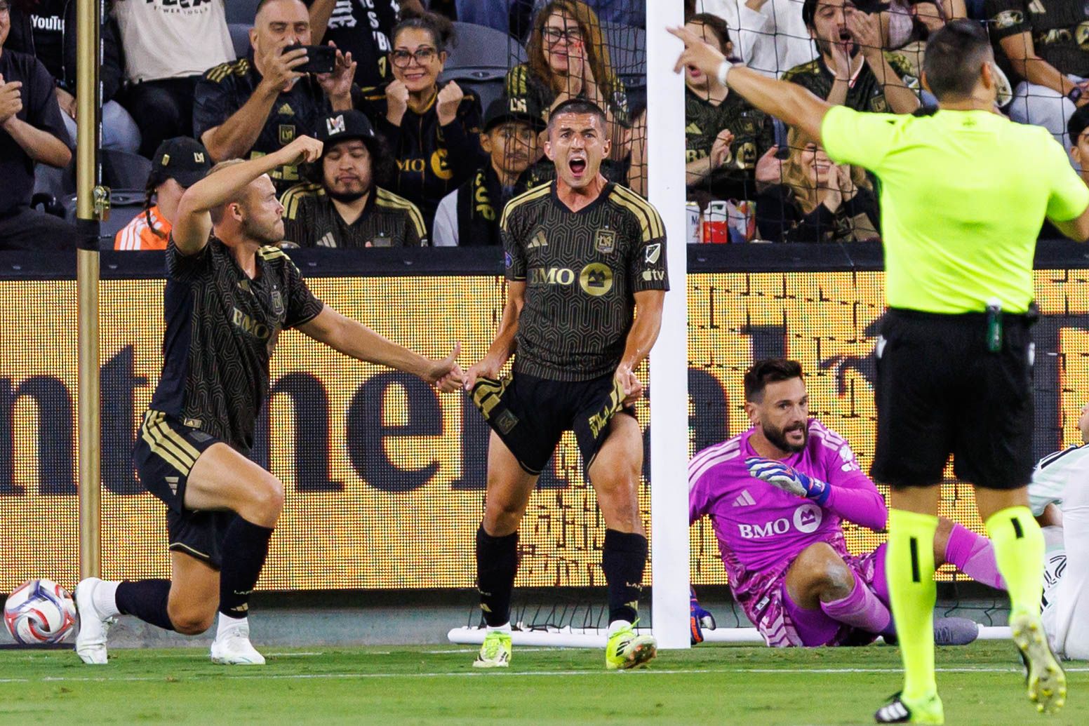 Sergi Palencia reacts after a save against Austin FC