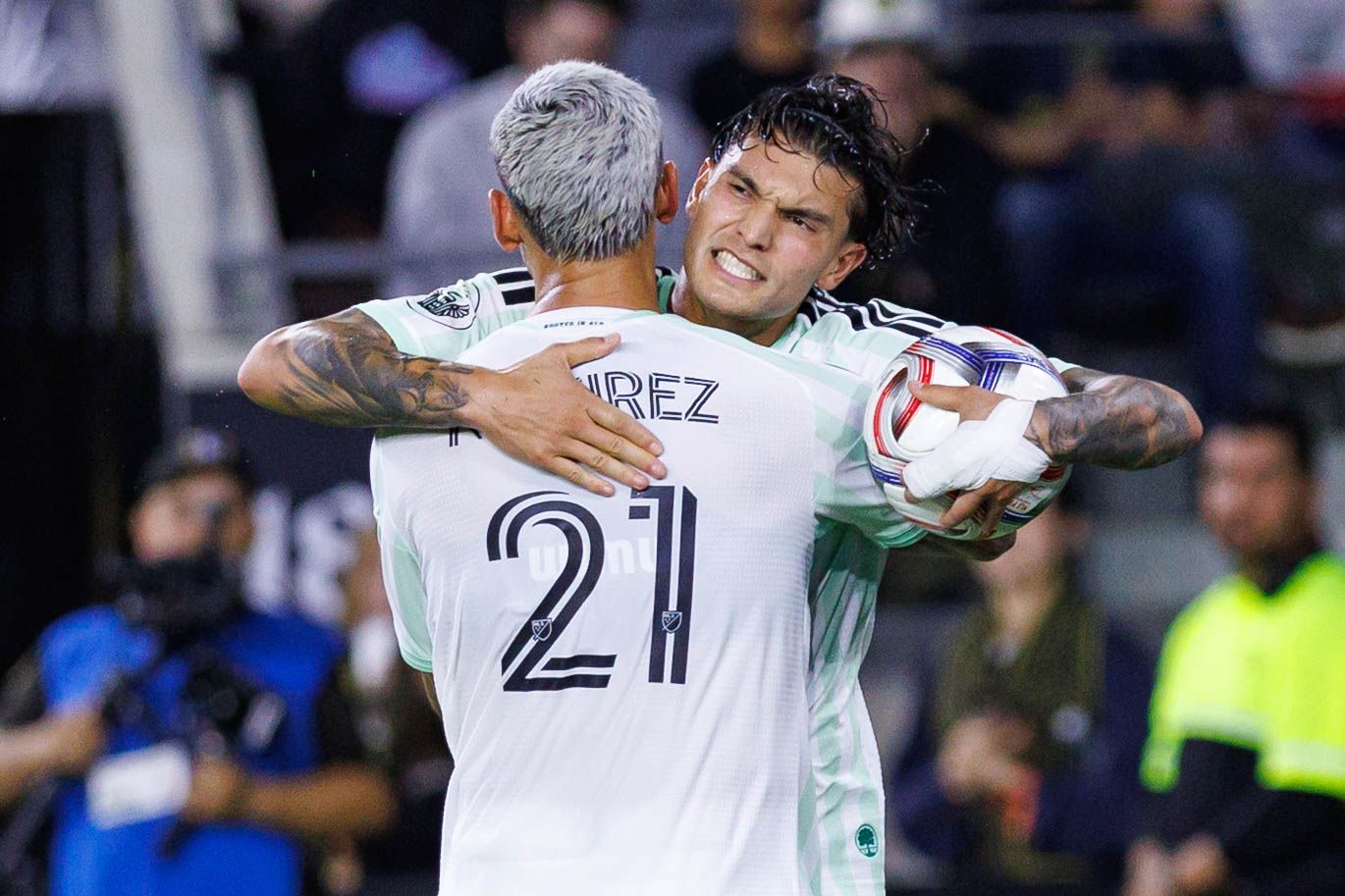 Brandon Vasquez celebrates his goal with Christian Ramirez