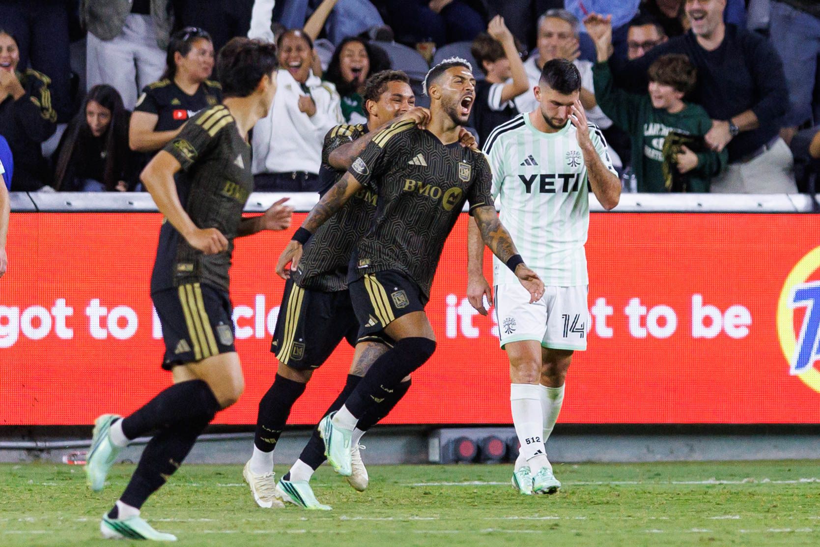 Denis Bouanga celebrates his goal against Austin FC