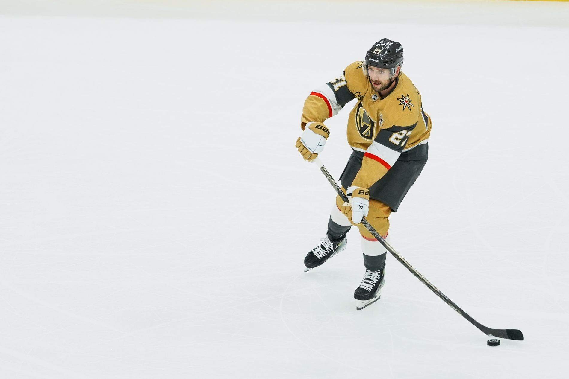 Shea Theodore prepares a first-period pass