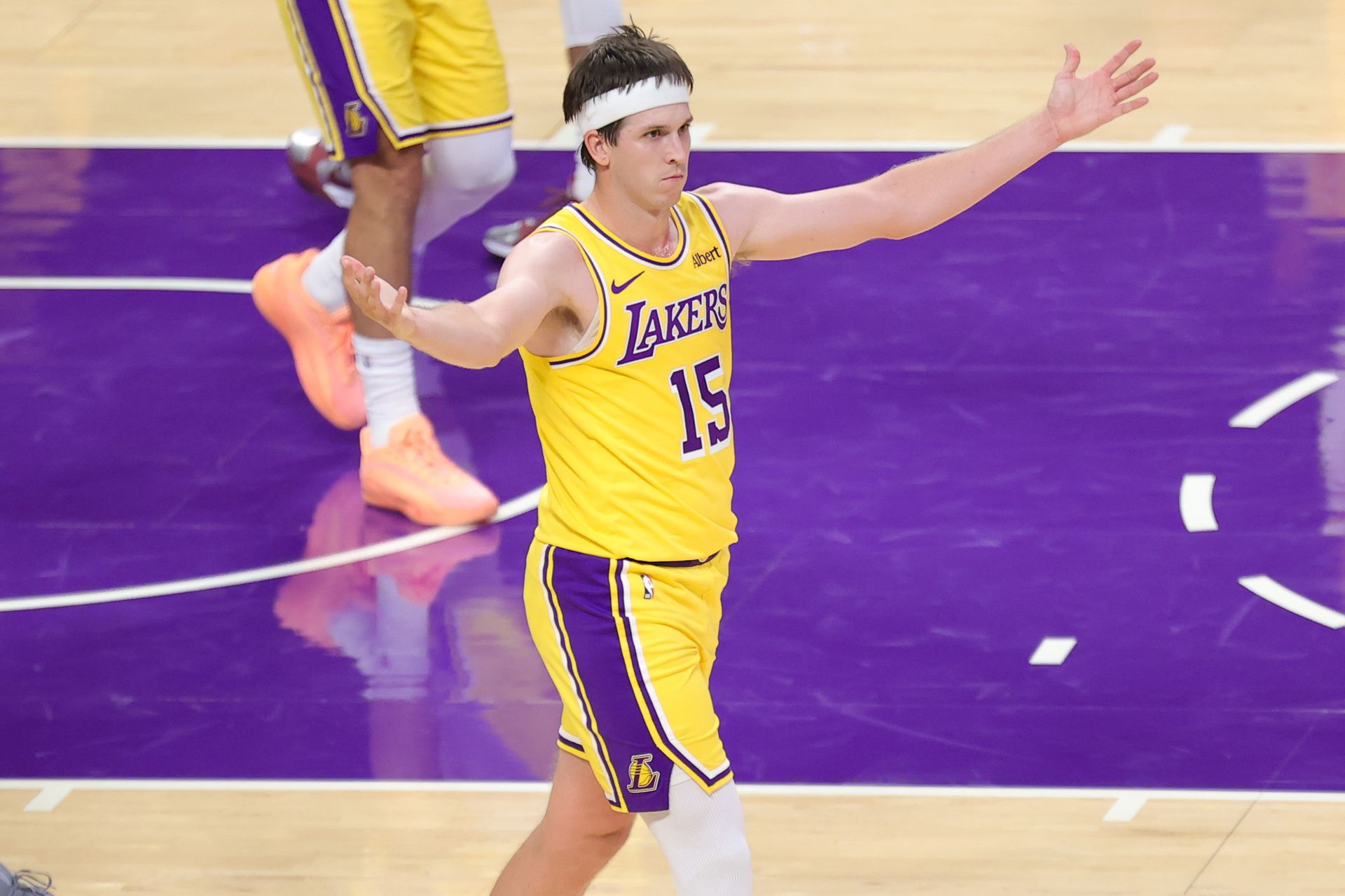 Austin Reaves reacts during Lakers-Nuggets