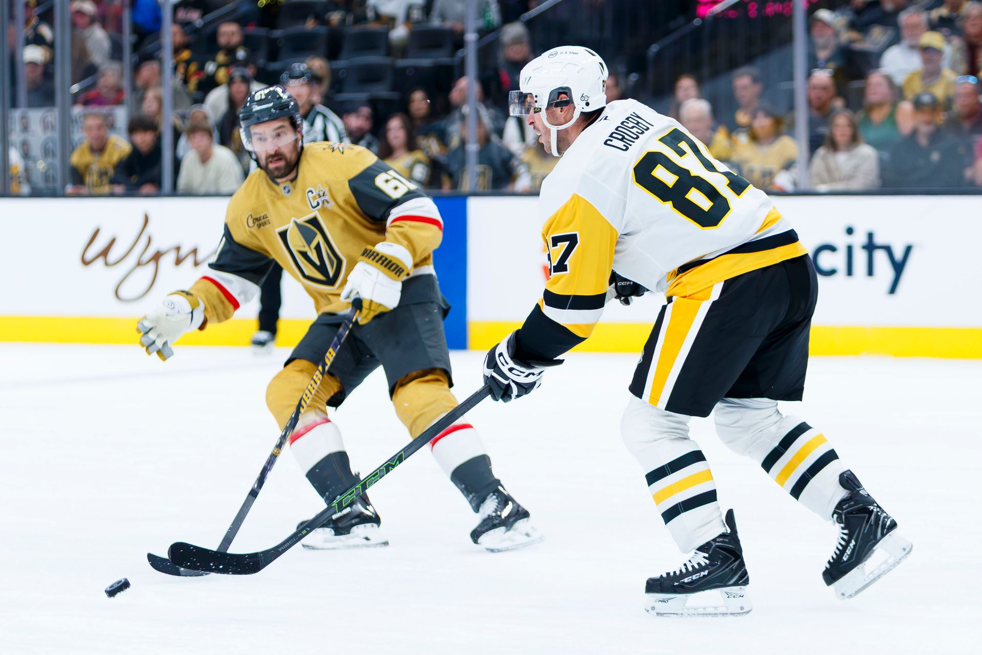 Mark Stone and Sidney Crosby battle for the puck
