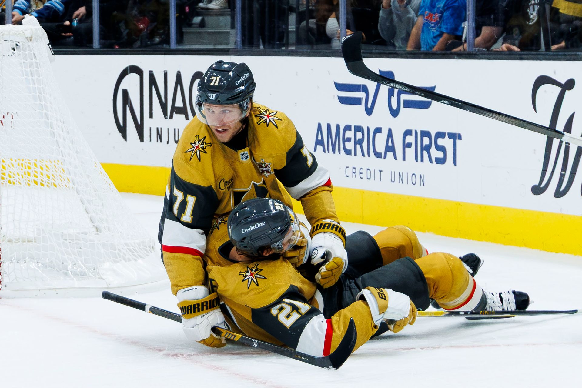 Brett Howden and William Karlsson celebrate an awarded empty-net goal