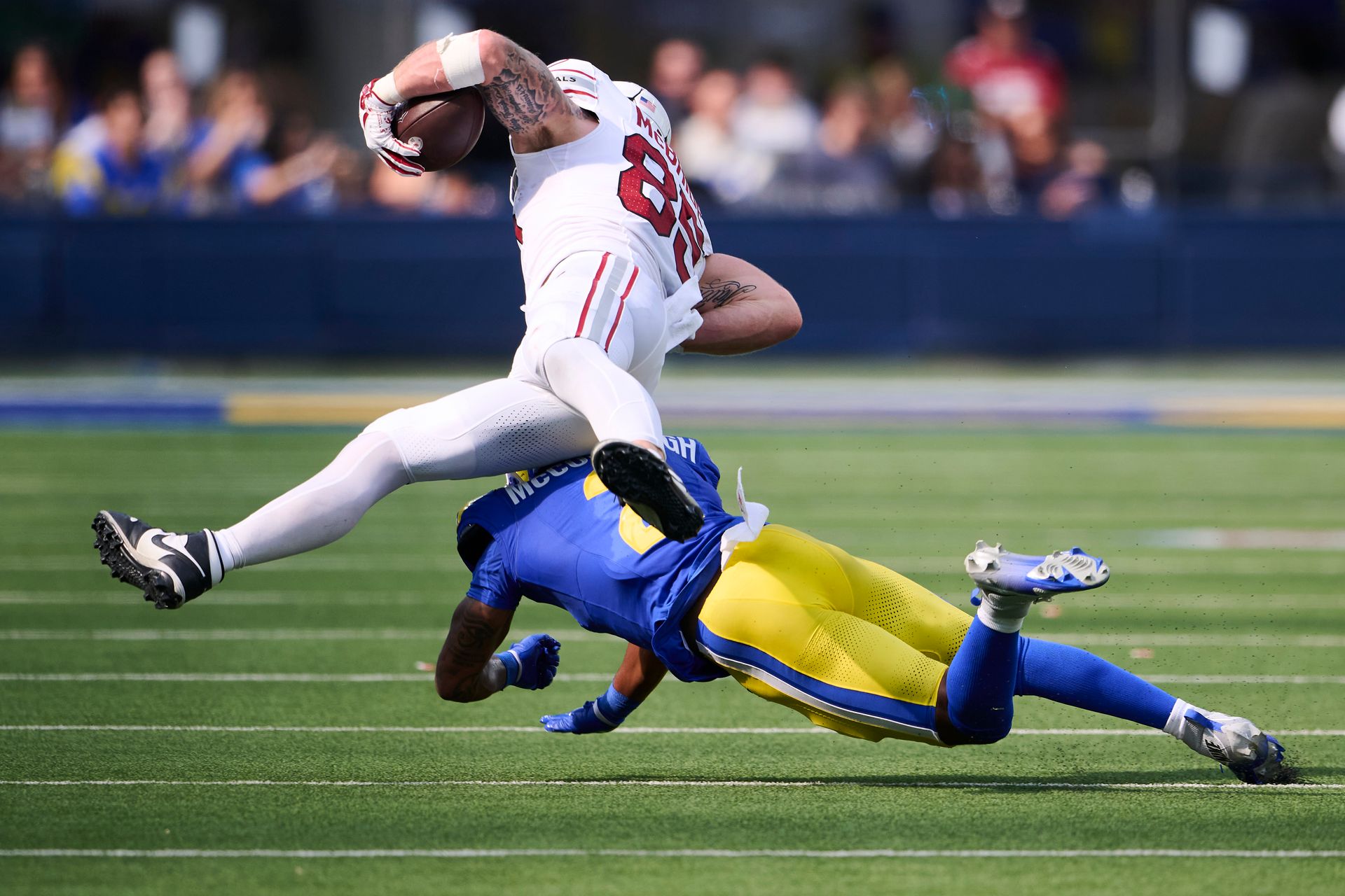 Jaylen McCollough makes a tackle against Arizona