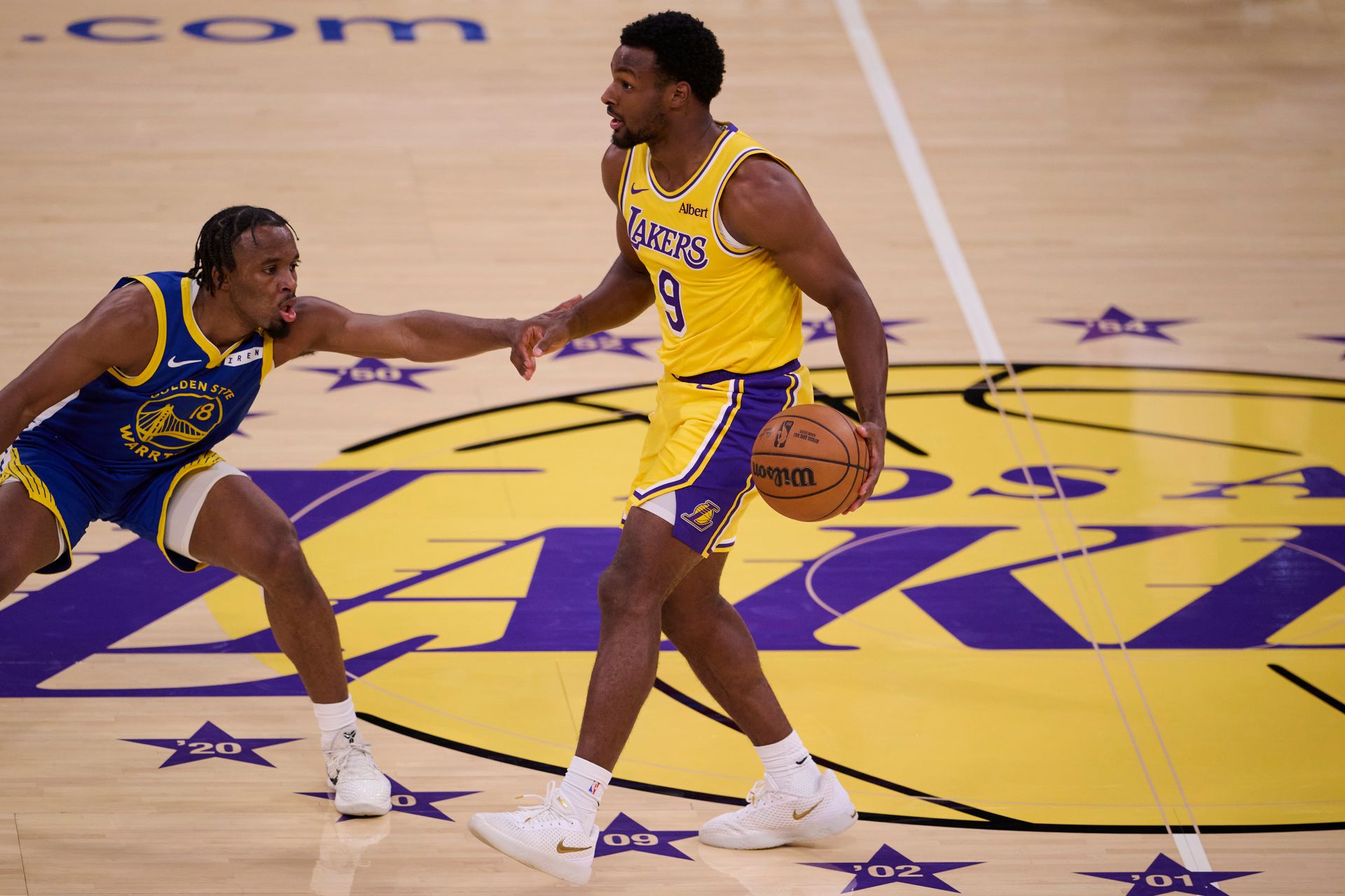 Bronny James controls the ball against Golden State