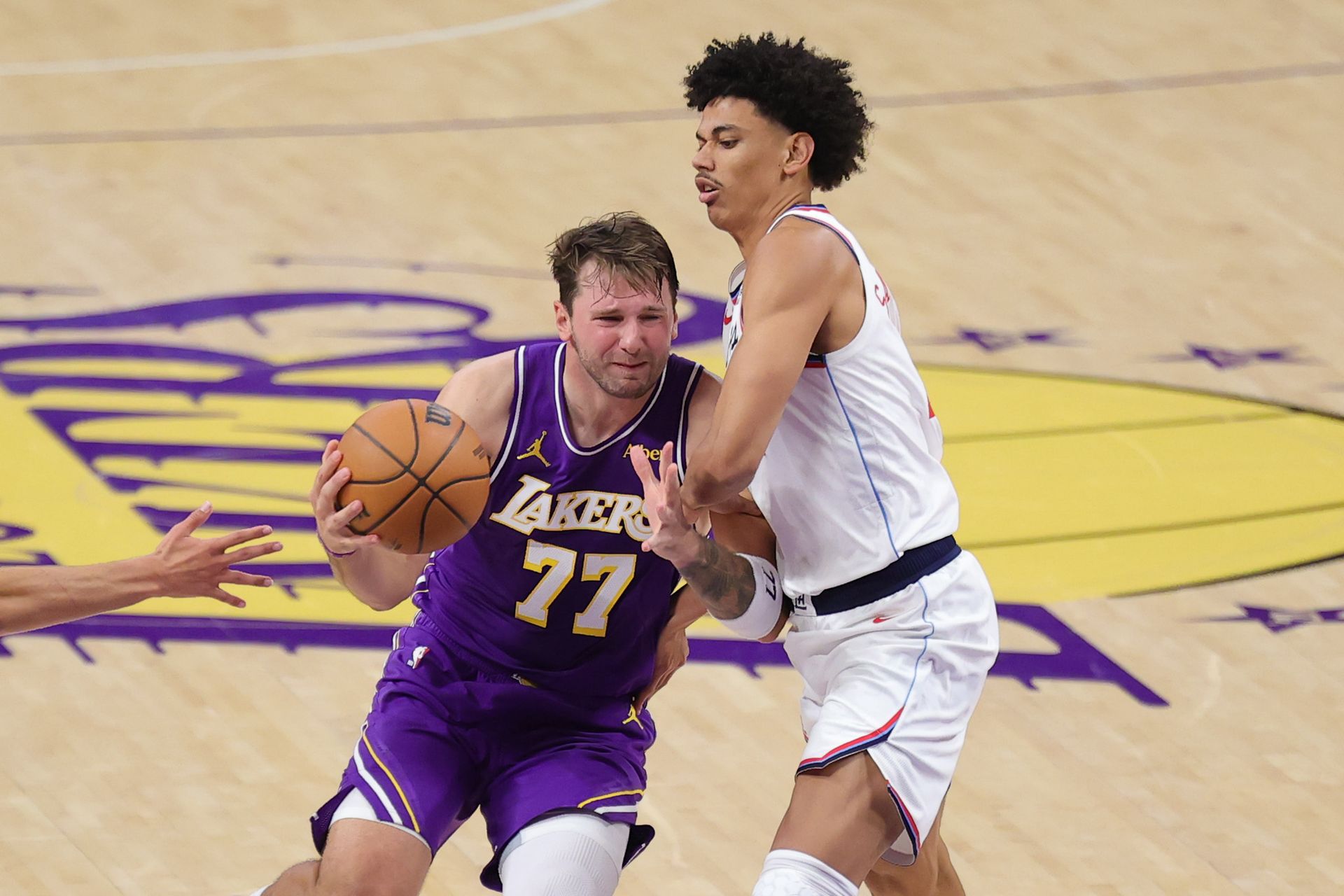 Luka Doncic drives the lane against the Clippers