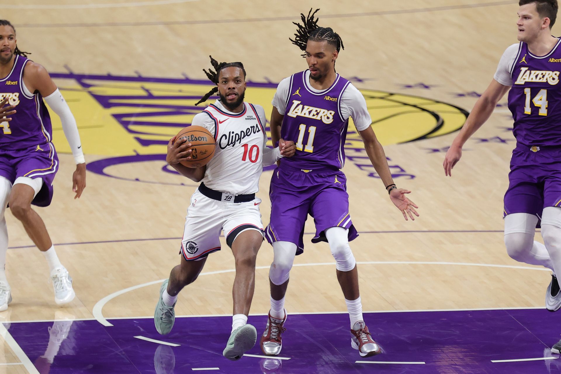 Darius Garland attacks the basket against the Lakers
