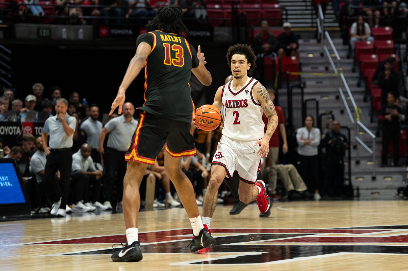 Chance Gladden moves the ball upcourt for San Diego State
