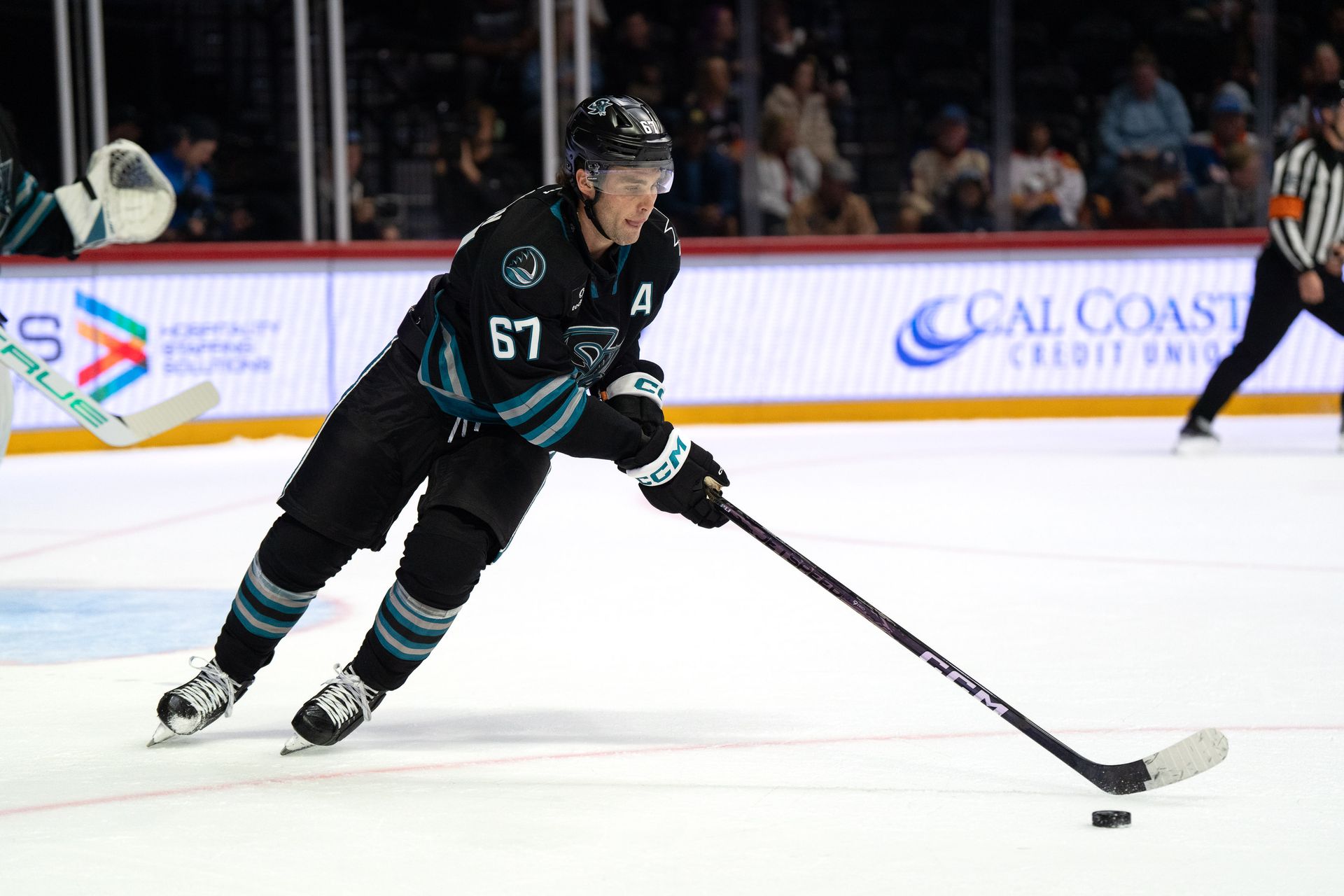 Roland McKeown skates up the rink for the Barracuda