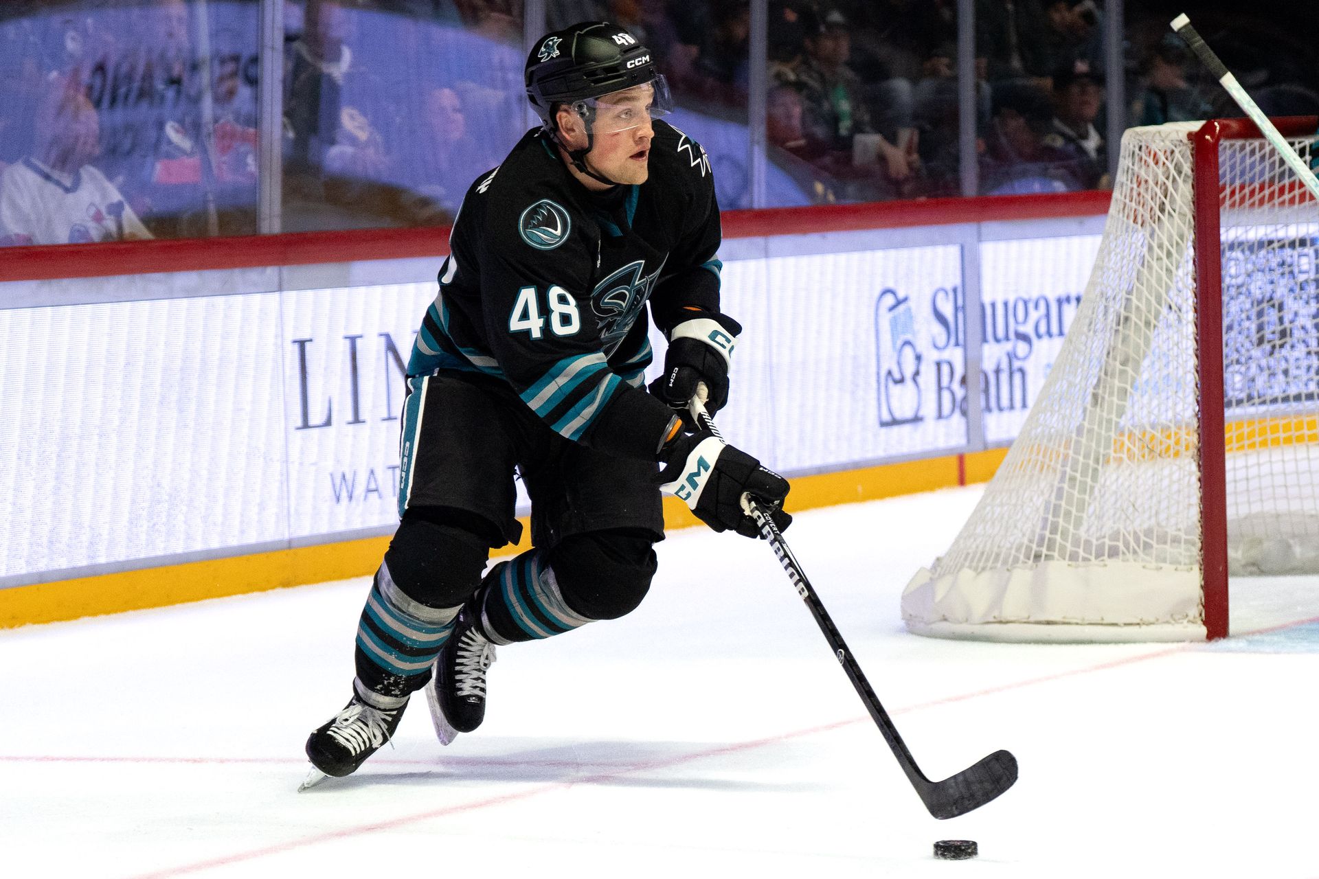 Eric Pohlkamp advances the puck for the Barracuda
