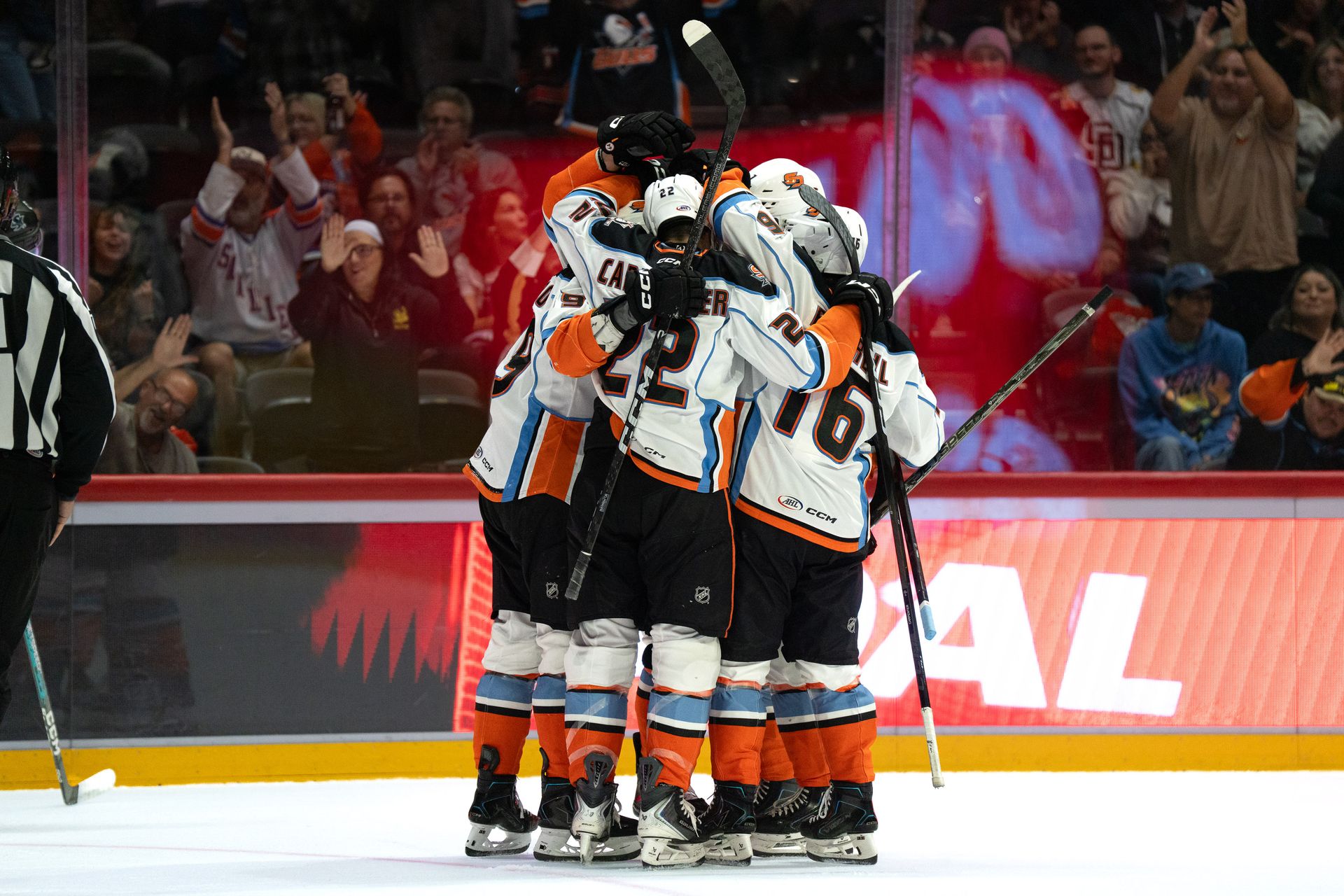 Gulls celebrate a goal against the Barracuda