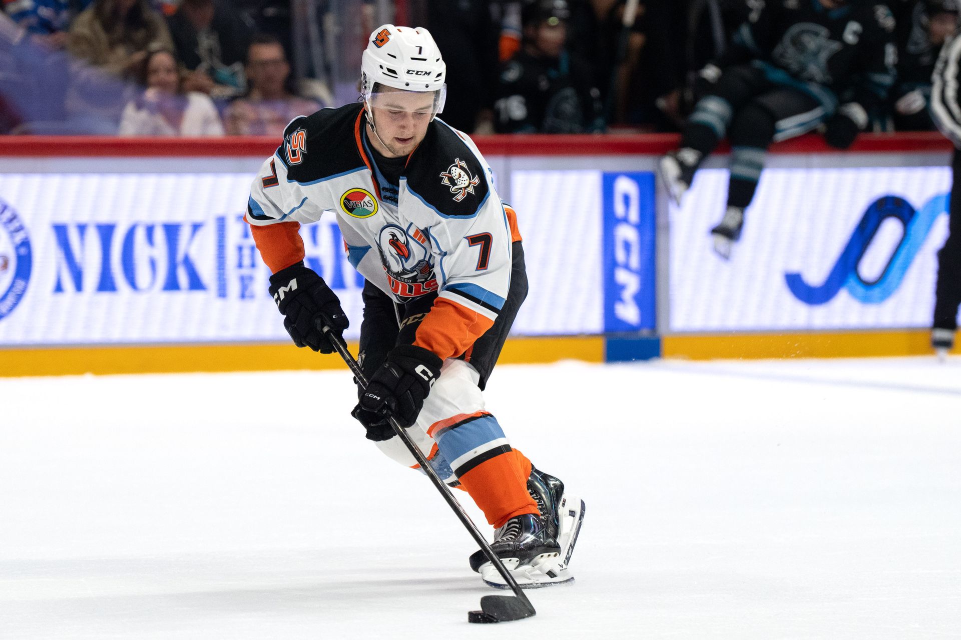 Stian Solberg controls the puck for the Gulls