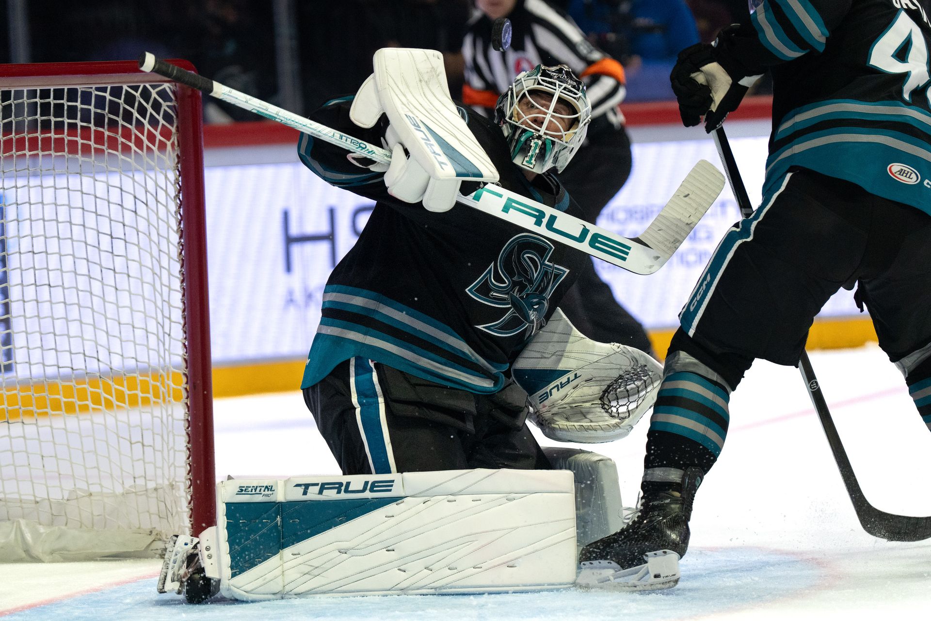 Eric Comrie makes a save against the Gulls