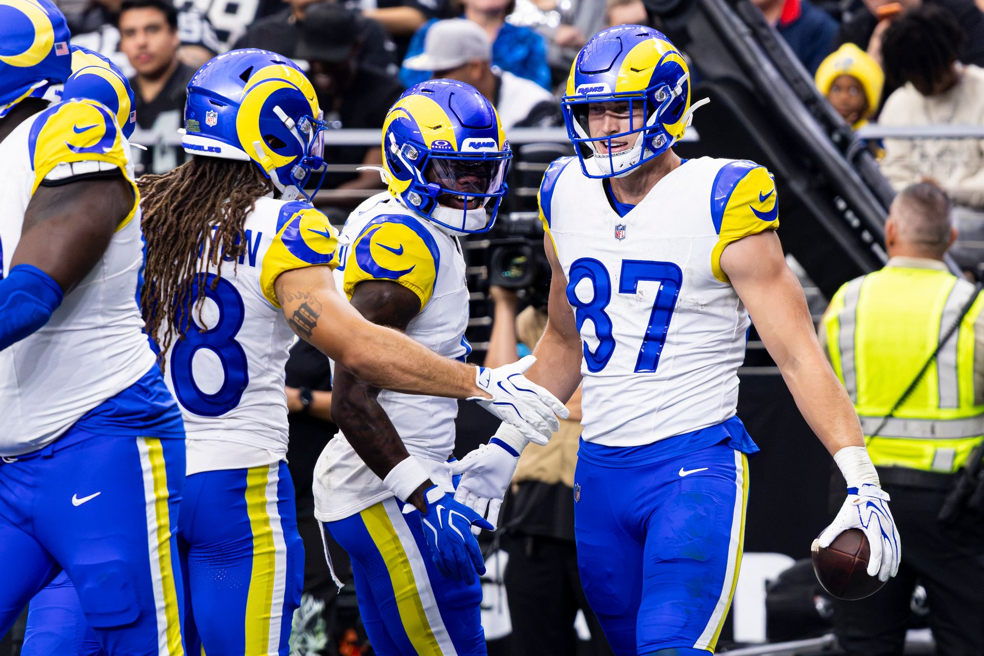 Davis Allen Celebrates His Second Touchdown With Rams Teammates