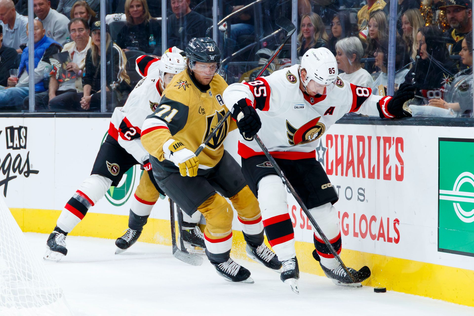William Karlsson pressures Senators defenseman Jake Sanderson