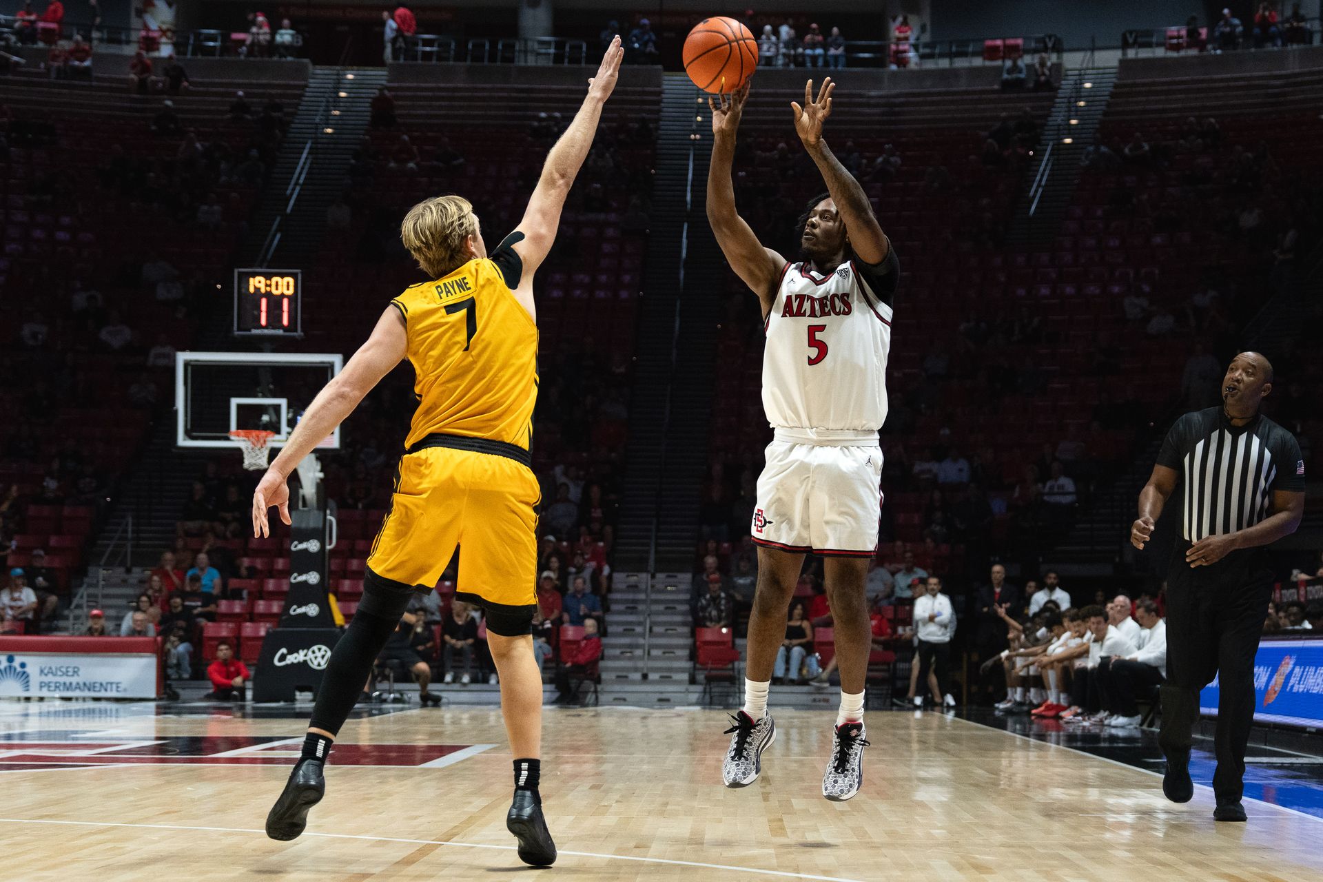 SDSU guard Latrell Davis shoots a three