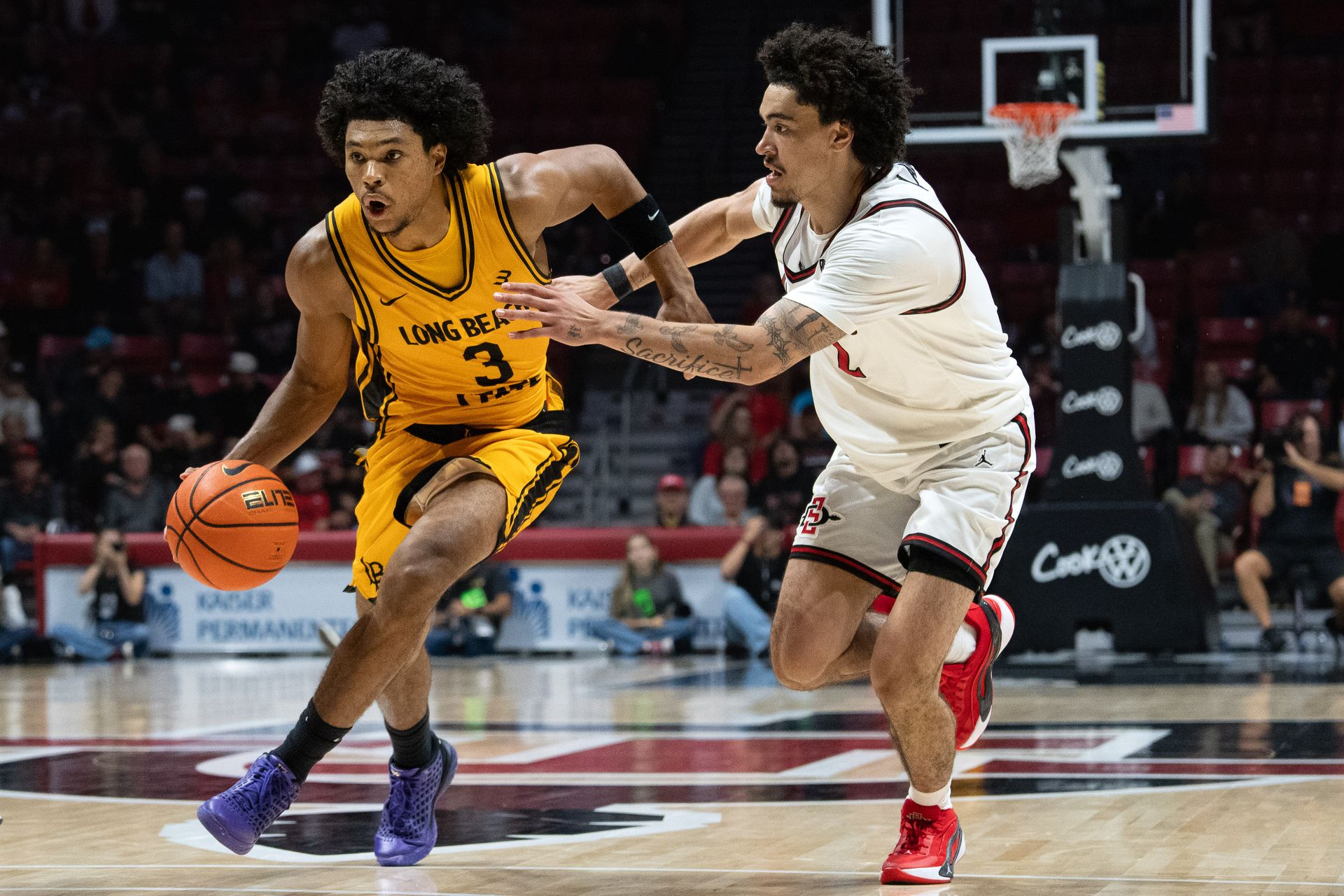 Long Beach State guard Yohann Sissoko dribbles through traffic