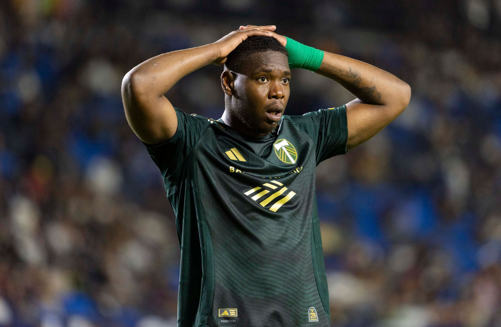 Kamal Miller reacts after a goal attempt against LA